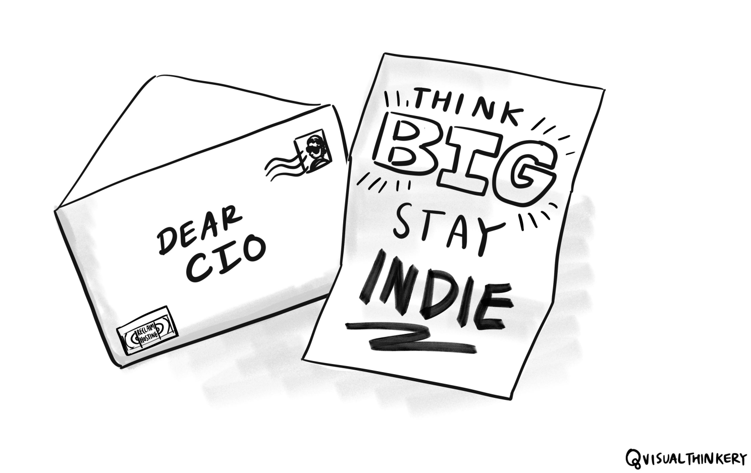 Sketch of a letter addressed 'Dear CIO' that reads 'Think big, stay indie'