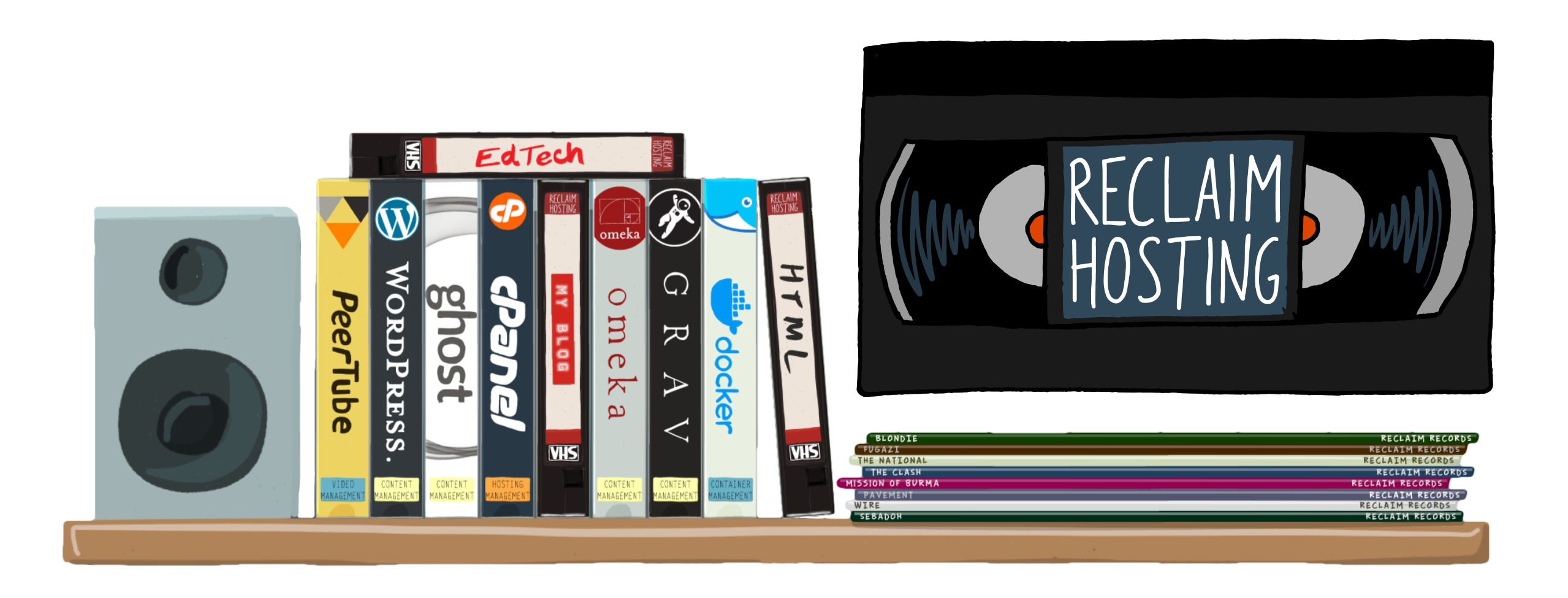Illustrated shelf of VHS tapes labeled with open source tools like WordPress, Omeka, Ghost, Grav, and Docker, next to a big Reclaim Hosting tape