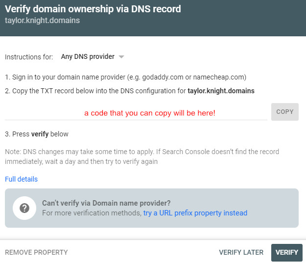 screenshot of the verification step for adding a domain to the google search console
