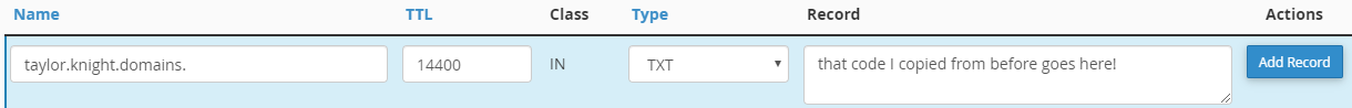 screenshot of adding a TXT record on knight.domains
